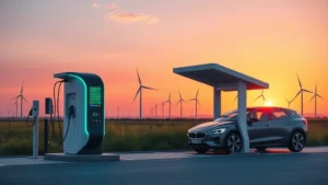 Modern electric vehicle charging station at sunset with wind turbines visible in distant background, clean renewable energy concept, photorealistic