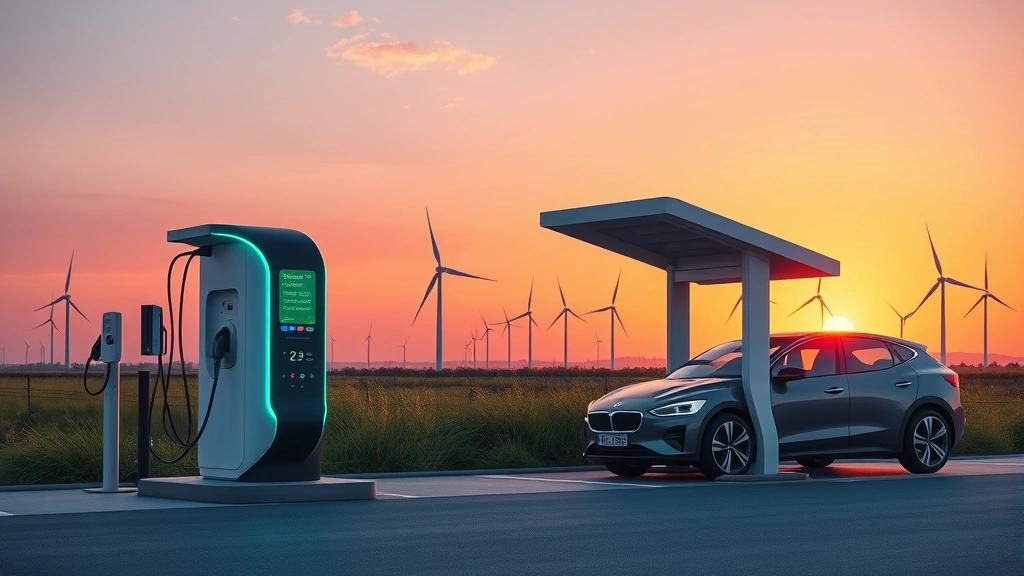Modern electric vehicle charging station at sunset with wind turbines visible in distant background, clean renewable energy concept, photorealistic