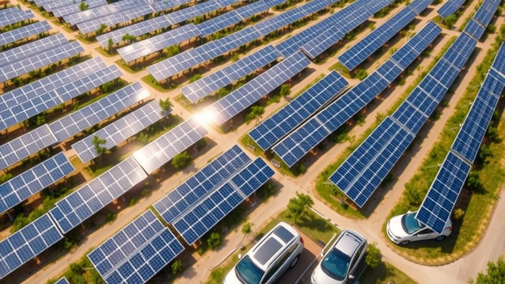 Aerial view of solar panel farm with electric vehicles parked beneath, sustainable energy infrastructure integration, bright daylight photorealistic
