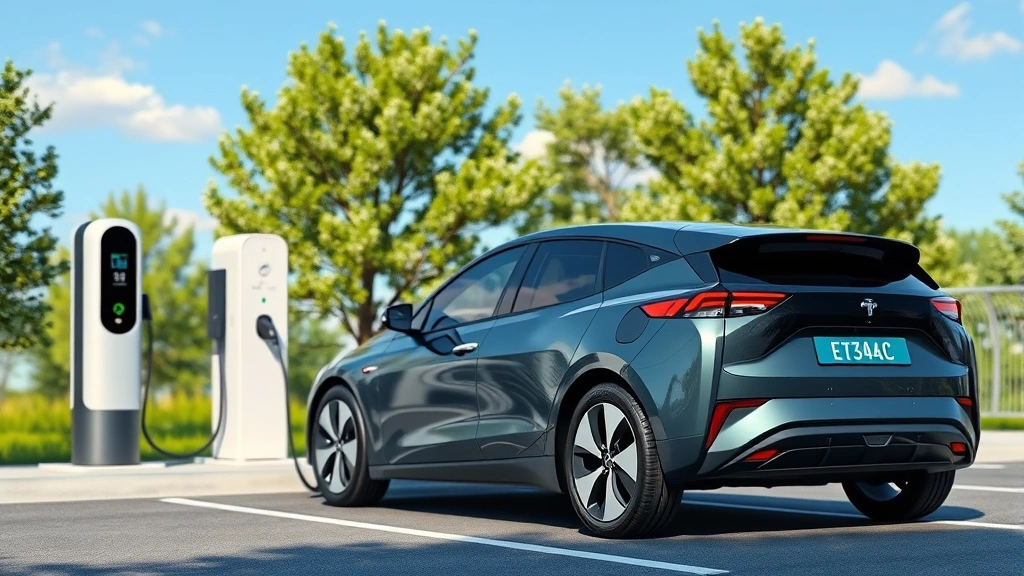 Photorealistic image of a modern electric vehicle charging at a public charging station with green trees and blue sky in background, showing sustainable transportation infrastructure