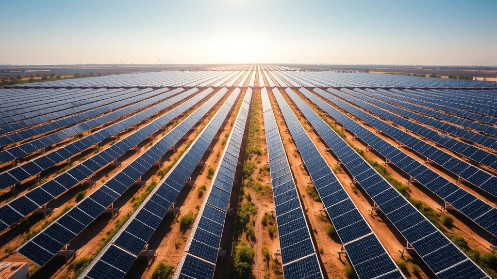 Photorealistic aerial view of a large solar panel farm with rows of solar arrays under bright sunlight, representing clean electricity generation for electric vehicle charging