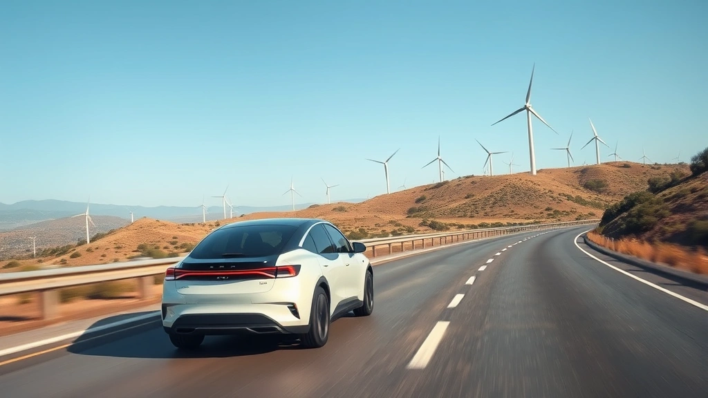 Photorealistic image of an electric vehicle driving on a clean highway with wind turbines visible on distant hills, symbolizing renewable energy powering sustainable transportation