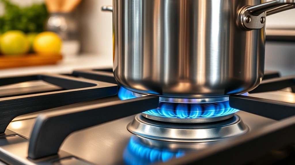 Close-up of a modern stainless steel gas cooktop with blue flames igniting under a stainless steel pot, showing precise burner design and heat distribution in a sustainable kitchen environment