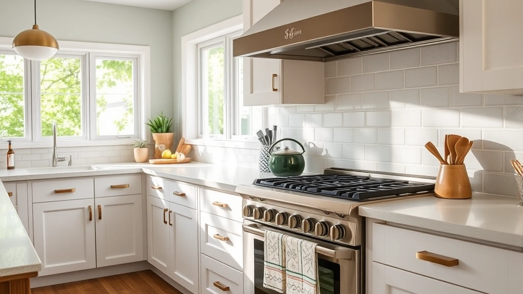 A family kitchen with a GE gas range installed, showing the cooktop and oven area with natural light streaming through windows, reflecting an eco-conscious home cooking space