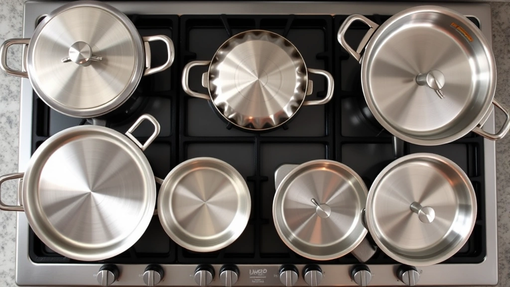 Overhead view of various stainless steel cookware with flat bottoms arranged on a gas cooktop with sealed burners, demonstrating proper cookware-to-burner matching for efficient heat transfer