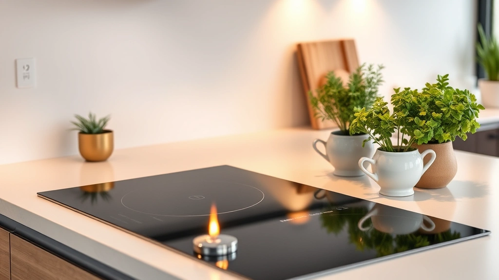 Modern kitchen with sleek stainless steel induction cooktop, warm lighting, fresh herbs in ceramic pots, minimalist sustainable aesthetic, no text or labels visible
