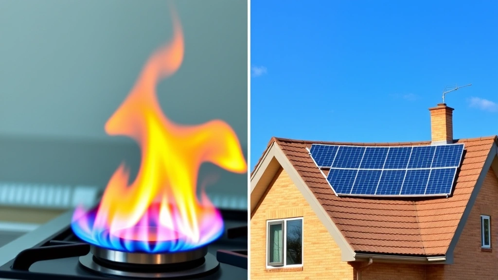 Split-screen comparison: left side shows gas flame on stovetop with visible combustion, right side shows renewable energy solar panels on residential roof with blue sky, photorealistic, no text