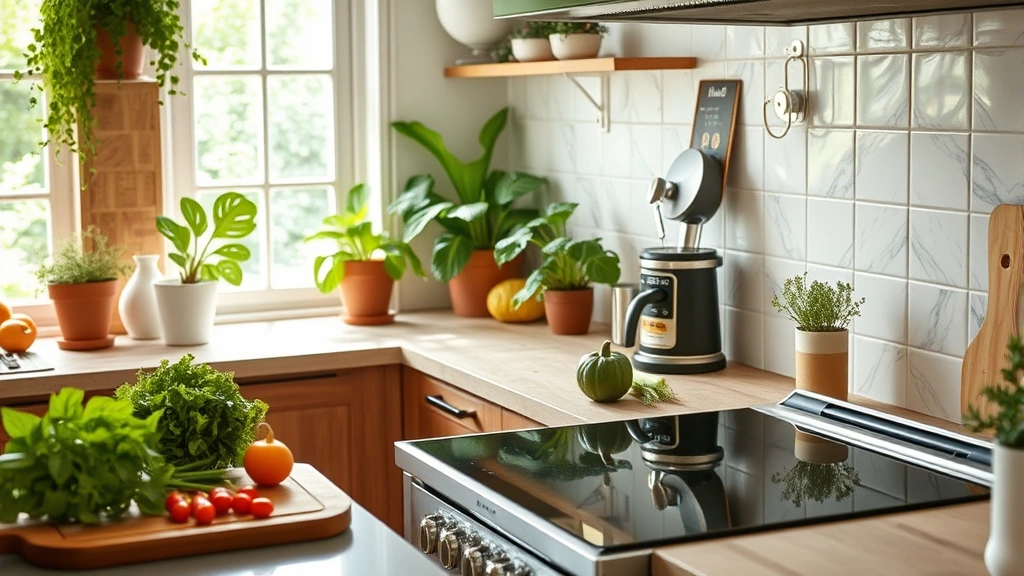 Eco-friendly kitchen interior featuring electric range with smooth cooktop, wooden cutting board with fresh vegetables, potted green plants, natural window light streaming in, sustainable design elements, no signage