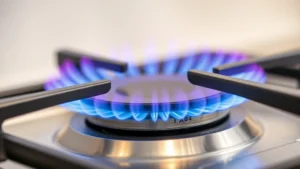 Close-up of modern sealed gas burner with blue flame igniting on stainless steel cooktop, showing flame pattern and port details, professional kitchen photography
