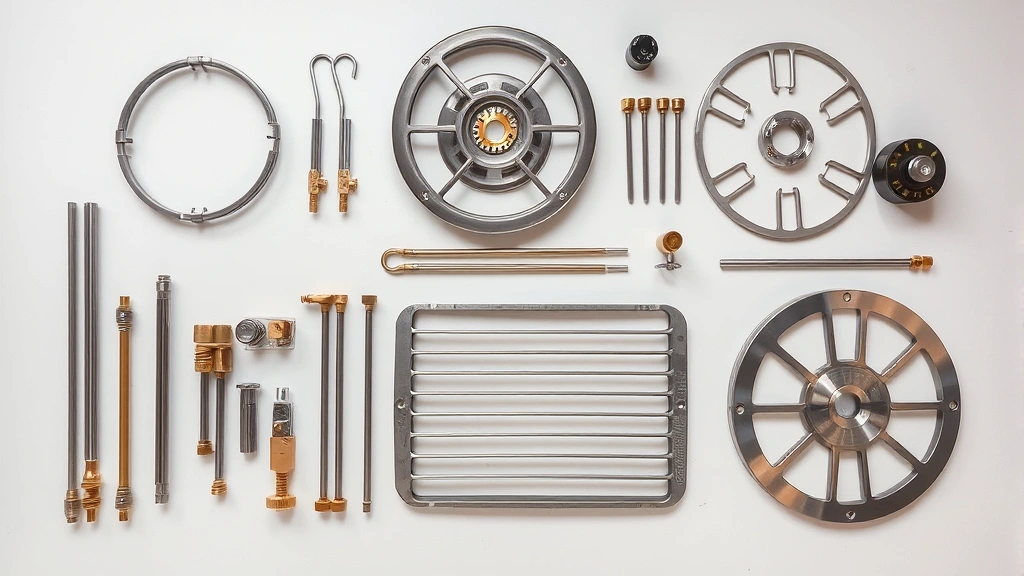 Overhead view of organized replacement parts laid out on white surface including brass burner components, ignition electrodes, stainless steel grates, and control knobs
