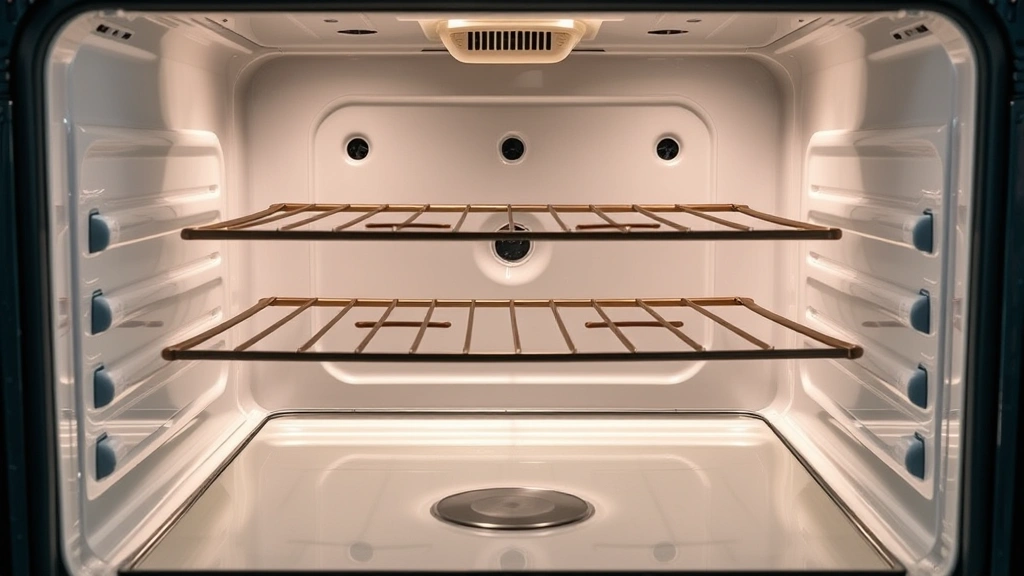 Interior oven cavity showing heating element at bottom, metal racks positioned at different levels, and clean porcelain-coated walls with even lighting