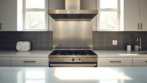 Modern kitchen with stainless steel GE gas stove, morning sunlight streaming through windows, minimalist design with clean countertops, no text or labels visible, photorealistic