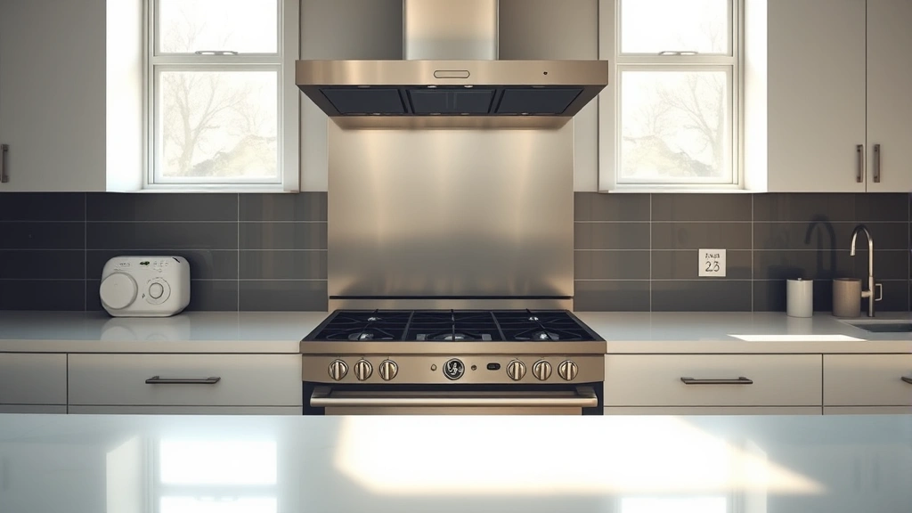 Modern kitchen with stainless steel GE gas stove, morning sunlight streaming through windows, minimalist design with clean countertops, no text or labels visible, photorealistic