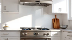 Modern kitchen with stainless steel GE Profile gas range, blue flame burners ignited, minimalist white cabinetry, natural light from window, professional cooking environment, no text or labels visible, photorealistic detail