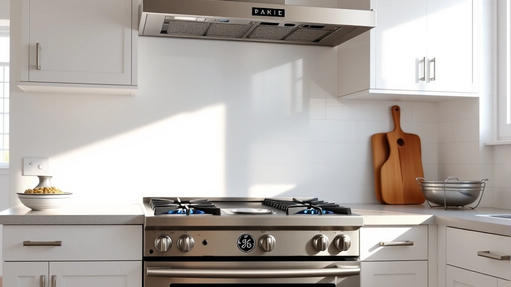 Modern kitchen with stainless steel GE Profile gas range, blue flame burners ignited, minimalist white cabinetry, natural light from window, professional cooking environment, no text or labels visible, photorealistic detail