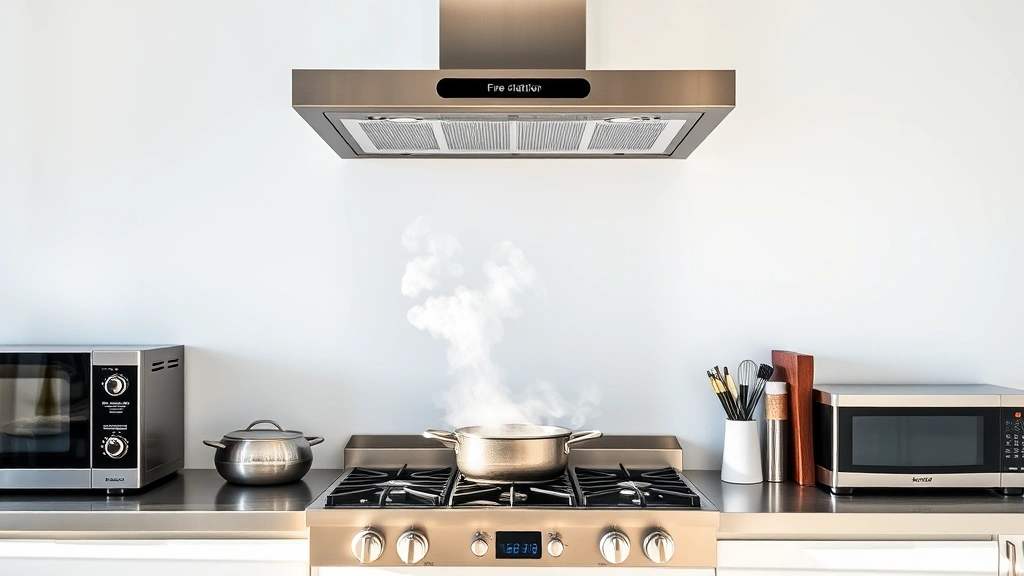 Kitchen ventilation hood above gas range during active cooking, steam rising, stainless steel surfaces, organized kitchen counter, modern appliances, bright natural lighting, no visible text or product labels, clean composition