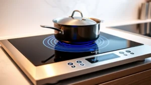 Modern induction cooktop with cookware actively heating, showing blue magnetic field indicators, stainless steel finish, minimalist kitchen countertop background, warm cooking atmosphere, steam rising from pot