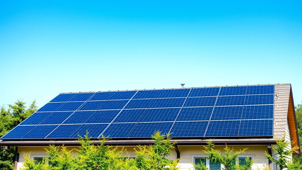 Renewable energy solar panels on residential rooftop with clear blue sky, green trees visible below, sustainable home exterior, natural daylight, no text or labels visible