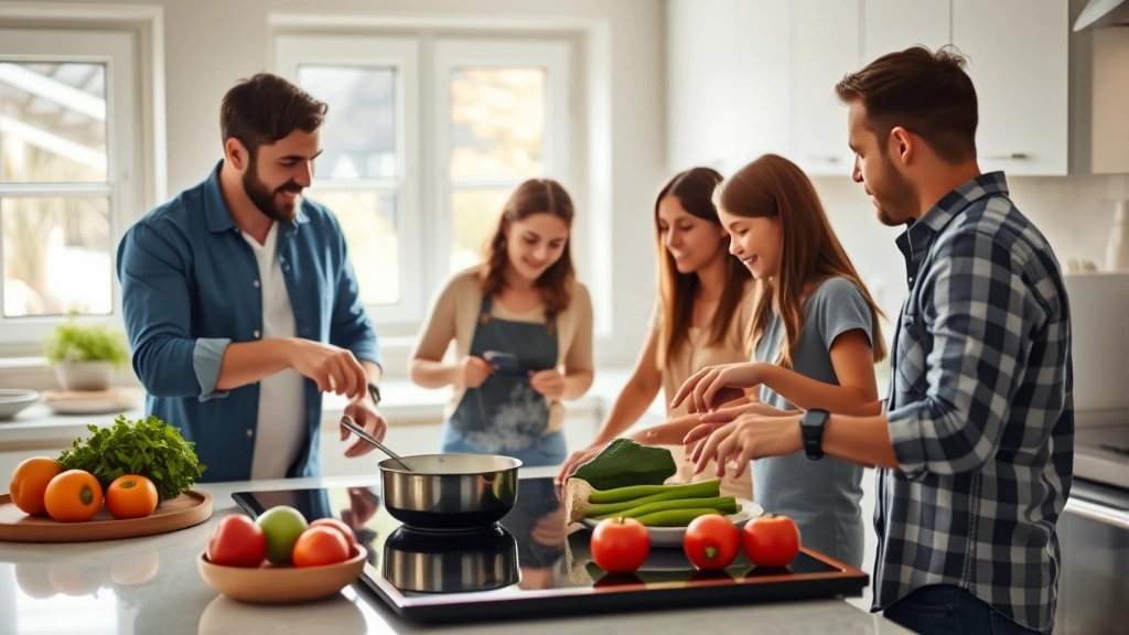 Family cooking together in bright kitchen with electric cooktop, natural light from windows, fresh vegetables on counter, warm domestic scene, focus on stove and cooking action, no visible product branding