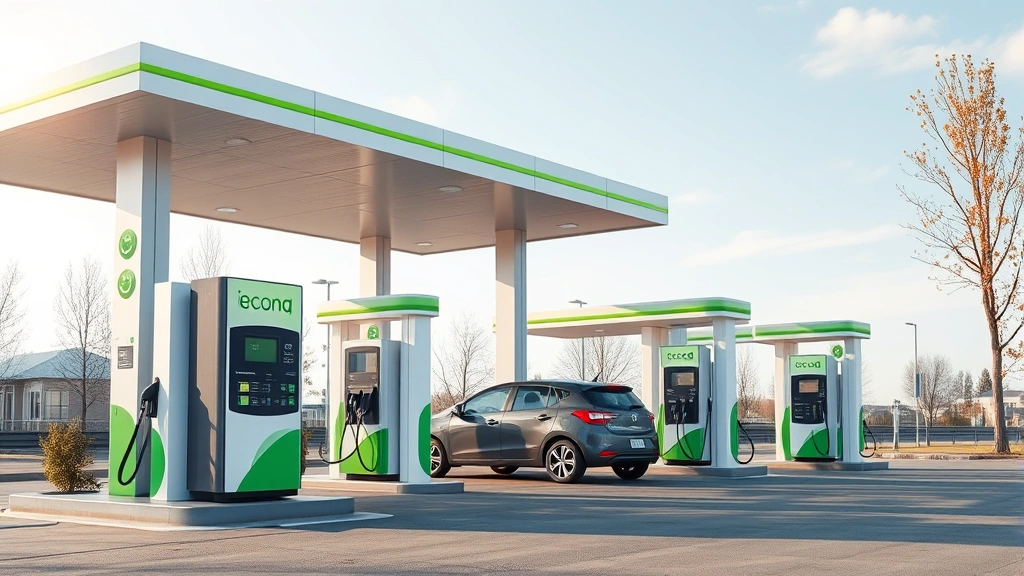Modern eco-friendly gas station pumps with green accents, customer refueling vehicle, clean contemporary design, daytime lighting, photorealistic quality