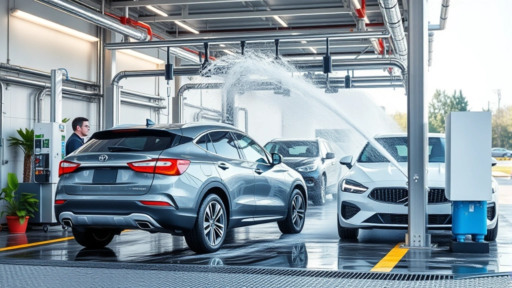Advanced car wash facility with water recirculation system, vehicles being washed with water spray, sustainable infrastructure visible, professional environment
