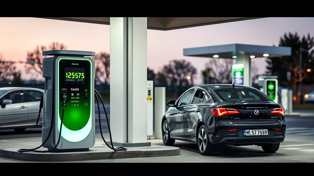 Electric vehicle charging station at fuel station location, modern charging equipment, EV plugged in, integration of traditional and future fuel infrastructure, contemporary design