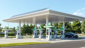 Modern gas station with electric vehicle charging stations integrated alongside traditional pumps, solar panels on canopy roof, lush green landscaping, daytime natural lighting, realistic photographic style