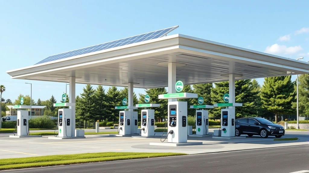 Modern gas station with electric vehicle charging stations integrated alongside traditional pumps, solar panels on canopy roof, lush green landscaping, daytime natural lighting, realistic photographic style