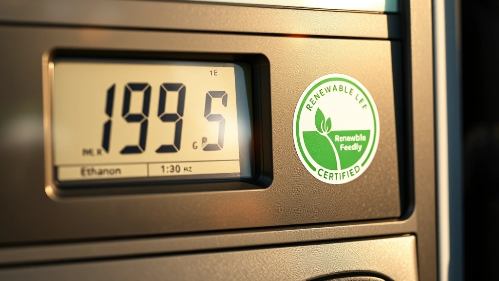 Close-up of fuel pump display showing ethanol blend percentage and renewable fuel certification badge, morning sunlight reflecting off pump surface, photorealistic detail, no text visible on pump screen