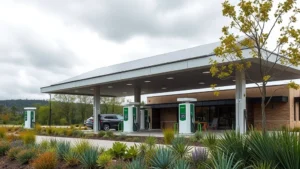 Modern eco-conscious gas station with solar panels on roof, green landscaping with native plants, electric vehicle charging stations visible, sustainable architectural design with natural materials, overcast sky