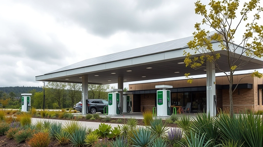 Modern eco-conscious gas station with solar panels on roof, green landscaping with native plants, electric vehicle charging stations visible, sustainable architectural design with natural materials, overcast sky