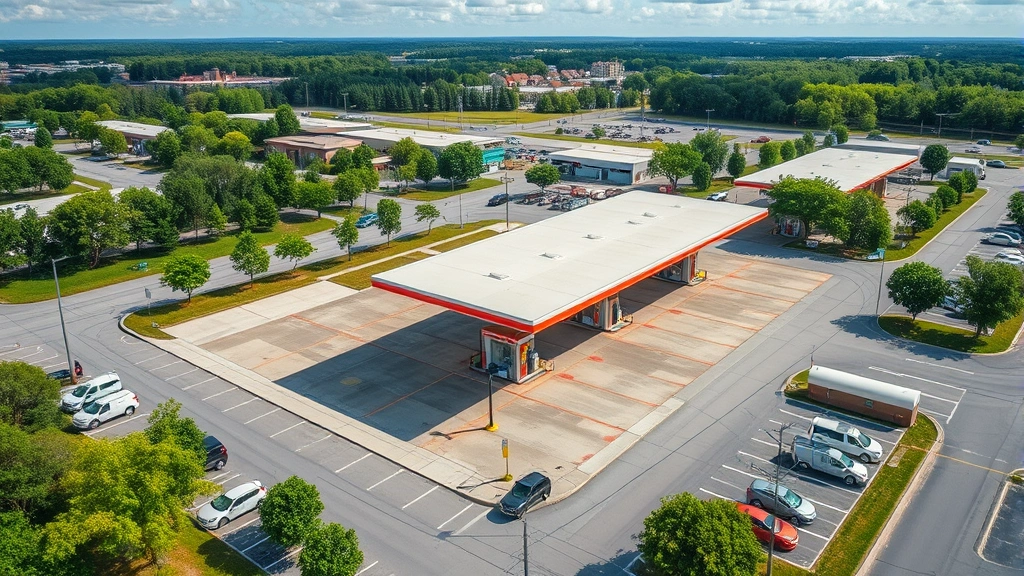 Aerial view of large busy gas station with multiple fuel pump islands, surrounding parking areas with vehicles, green trees and sky visible, photorealistic daytime lighting, environmental assessment perspective