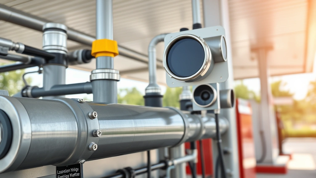 Close-up of advanced vapor recovery system equipment at gas station, environmental monitoring technology, sustainable infrastructure components, technical precision visible, natural outdoor setting
