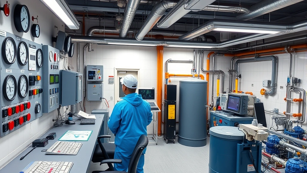 Modern water treatment facility control room with monitoring equipment, gauges, and safety systems in operation, technicians in protective gear managing water purification processes