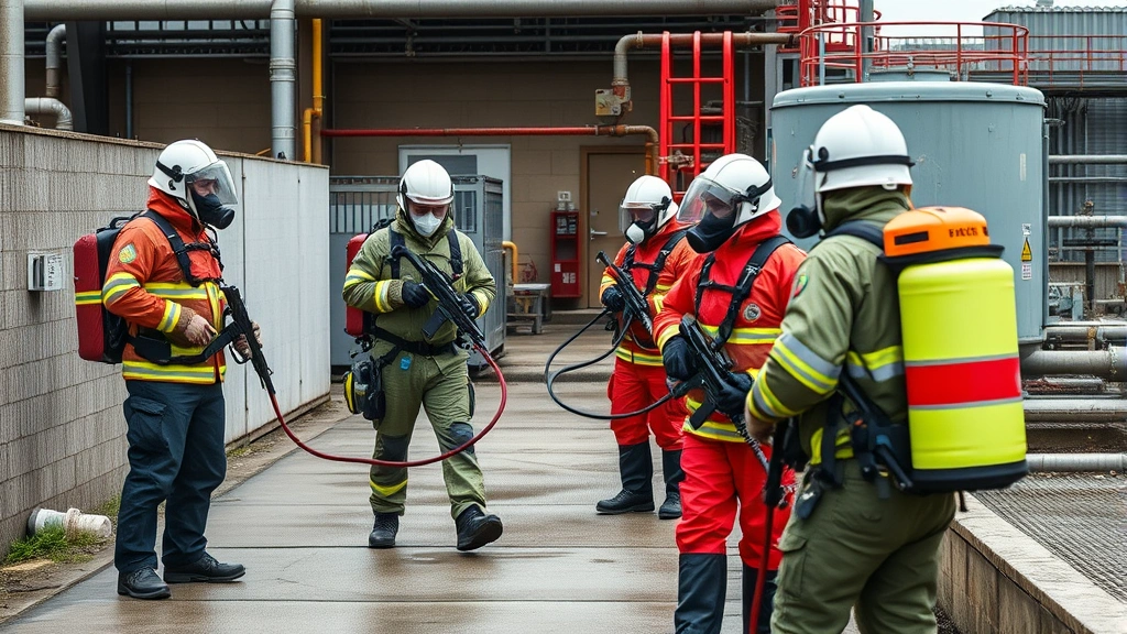 Emergency response team conducting safety drill with hazmat equipment near water treatment infrastructure, demonstrating professional emergency preparedness and protective protocols in action