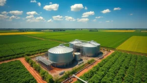 Aerial view of agricultural farm with anaerobic digester biogas facility surrounded by green fields, modern metal storage tanks and piping infrastructure visible, sunny day with blue sky, lush vegetation