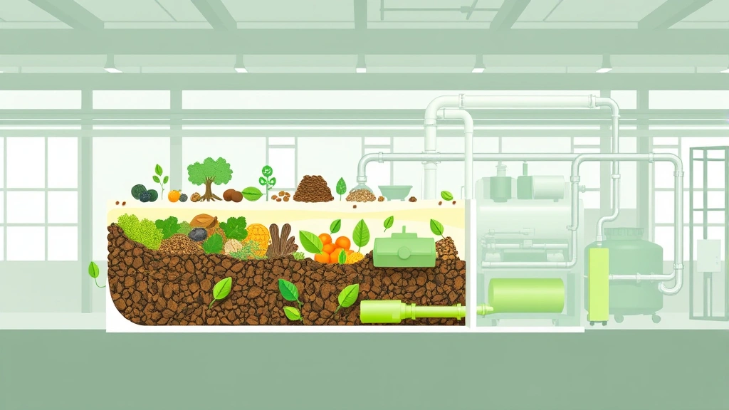 Cross-section diagram visualization showing organic waste materials entering industrial biogas digester chamber with methane gas collection pipes, clean energy production process, modern facility interior