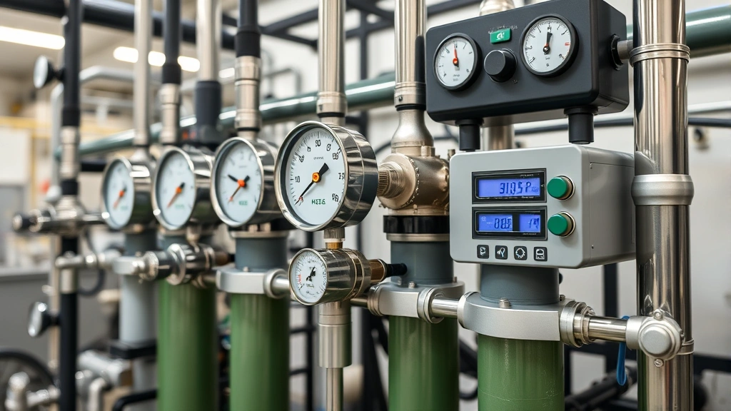 Close-up of biomethane upgrade equipment with pressure gauges, filtration systems, and monitoring displays in industrial green energy facility, technical infrastructure for gas purification