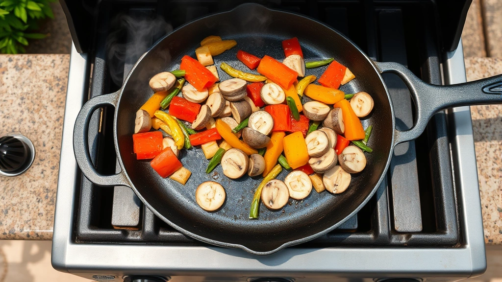 Overhead view of a cast iron griddle sizzling with colorful vegetables and sliced mushrooms on a gas grill, steam rising, natural outdoor daylight