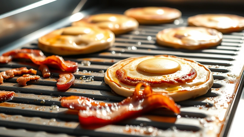 Close-up of stainless steel griddle surface with pancakes and bacon cooking, showing even heat distribution and golden-brown coloring, morning sunlight