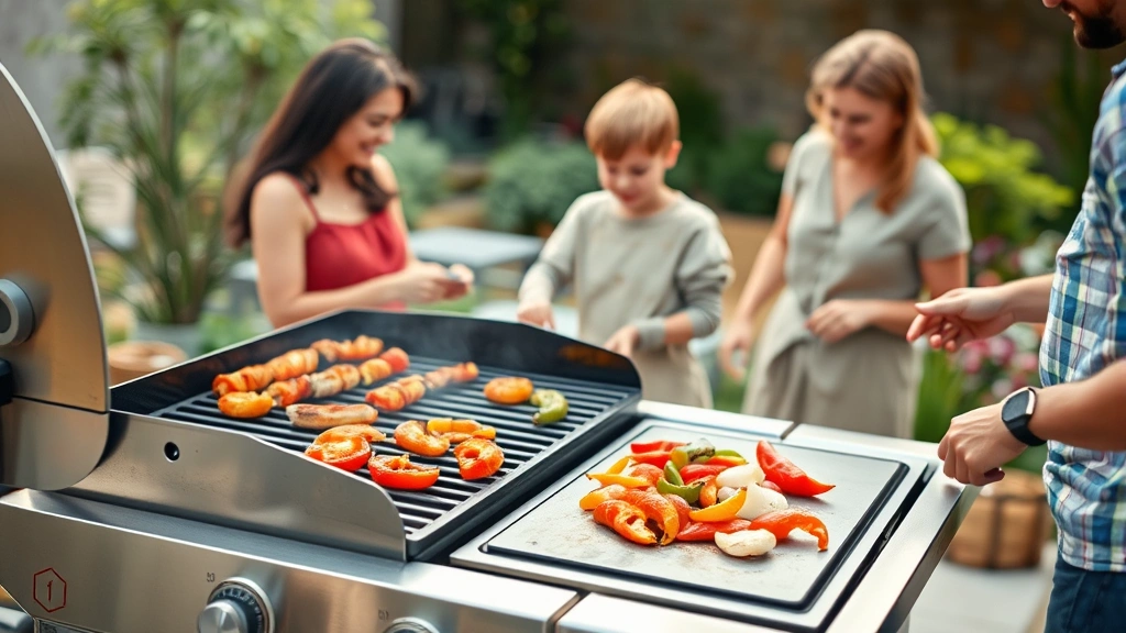 Family outdoor cooking scene with a gas grill featuring a griddle, grilling fajita ingredients including peppers and onions, garden setting visible in background