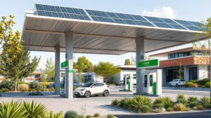 Modern sustainable gas station with solar panels on canopy, electric vehicle charging stations visible, green landscaping with native plants, contemporary eco-friendly architecture, daytime natural lighting, photorealistic