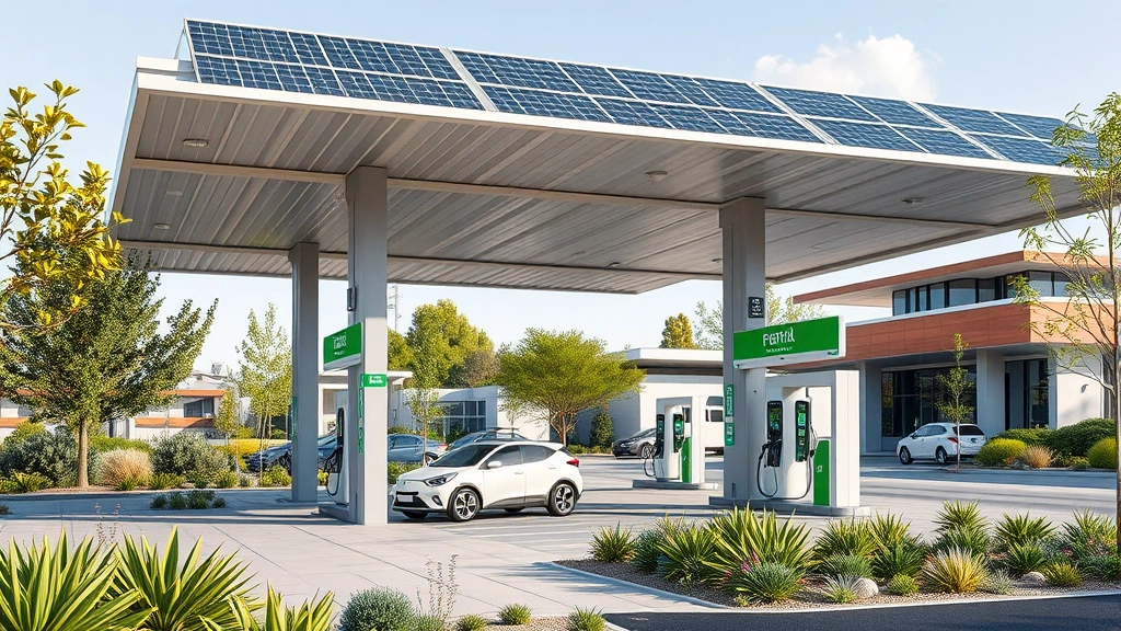 Modern sustainable gas station with solar panels on canopy, electric vehicle charging stations visible, green landscaping with native plants, contemporary eco-friendly architecture, daytime natural lighting, photorealistic