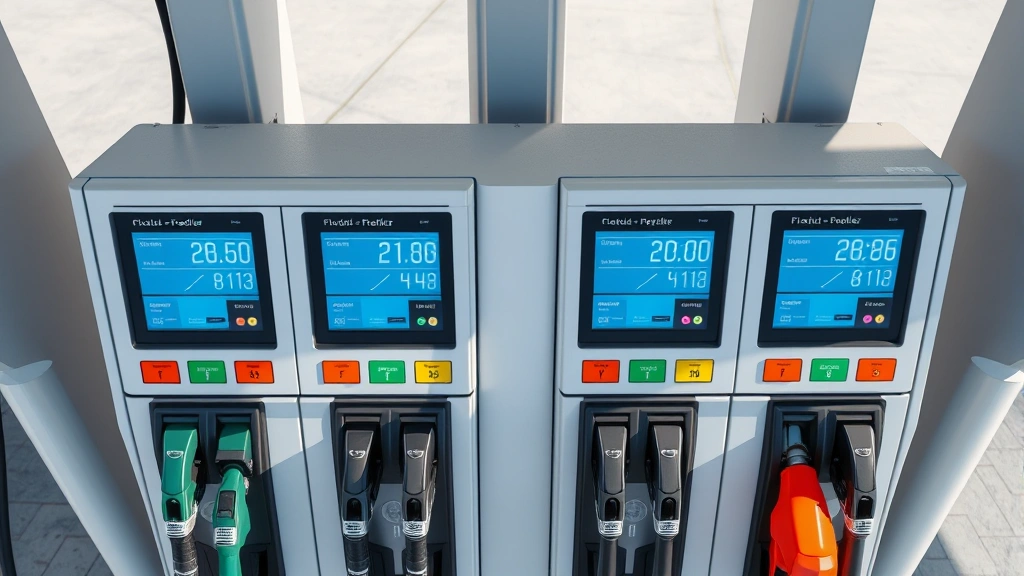 Overhead view of fuel pumps with digital displays showing fuel options, including biofuel blends, clean modern station design, professional refueling environment, bright daylight, photorealistic