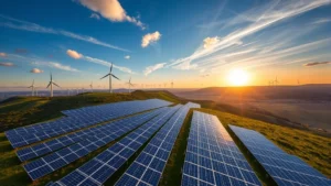 Aerial view of sprawling solar panel installation on green hillside with modern wind turbines in distance, golden hour lighting, vibrant blue sky with white clouds, photorealistic renewable energy landscape