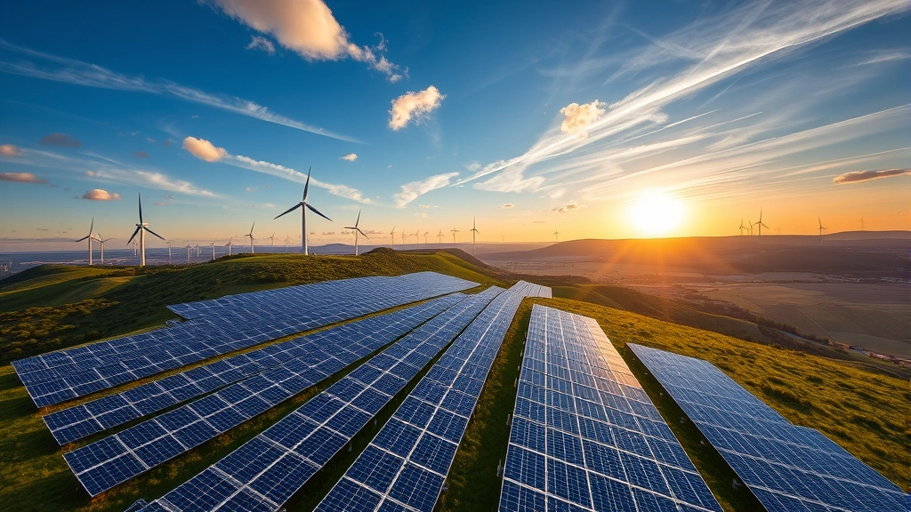 Aerial view of sprawling solar panel installation on green hillside with modern wind turbines in distance, golden hour lighting, vibrant blue sky with white clouds, photorealistic renewable energy landscape
