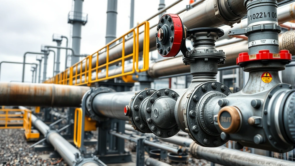 Close-up of natural gas pipeline infrastructure in industrial facility with safety equipment, showing metal pipes and valves, overcast industrial setting, photorealistic technical infrastructure