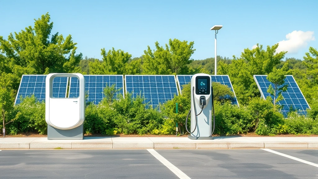 Modern electric charging station with green vegetation and solar panels visible in background, clean contemporary design, bright daylight, photorealistic sustainable transportation infrastructure