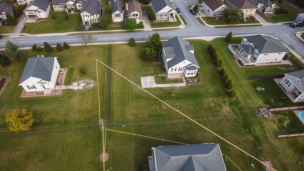 Aerial view of residential neighborhood with utility locating markings visible on grass showing yellow paint marks and colored flags indicating underground gas line locations beneath suburban homes