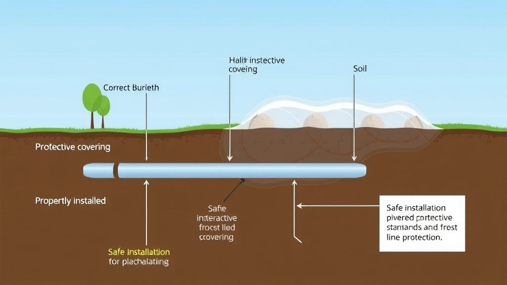 Cross-section soil diagram showing properly installed natural gas pipeline at correct burial depth with protective covering, demonstrating safe installation standards and frost line protection